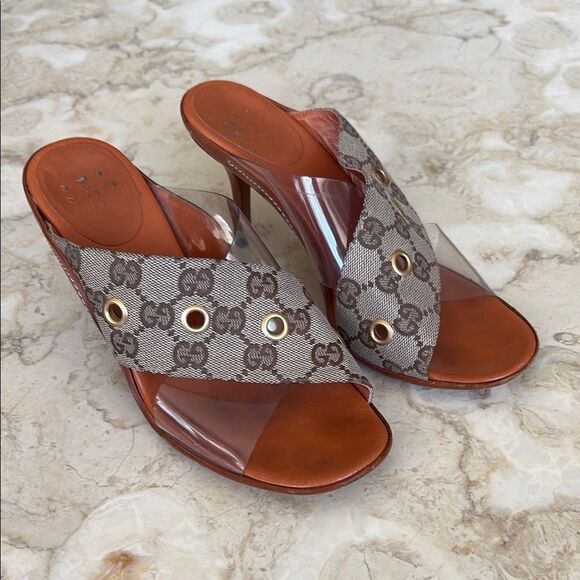 Gucci Vintage Beige/Brown GG Canvas, Leather & PVC Criss Cross Heeled Sandals - Picture 2 of 12
